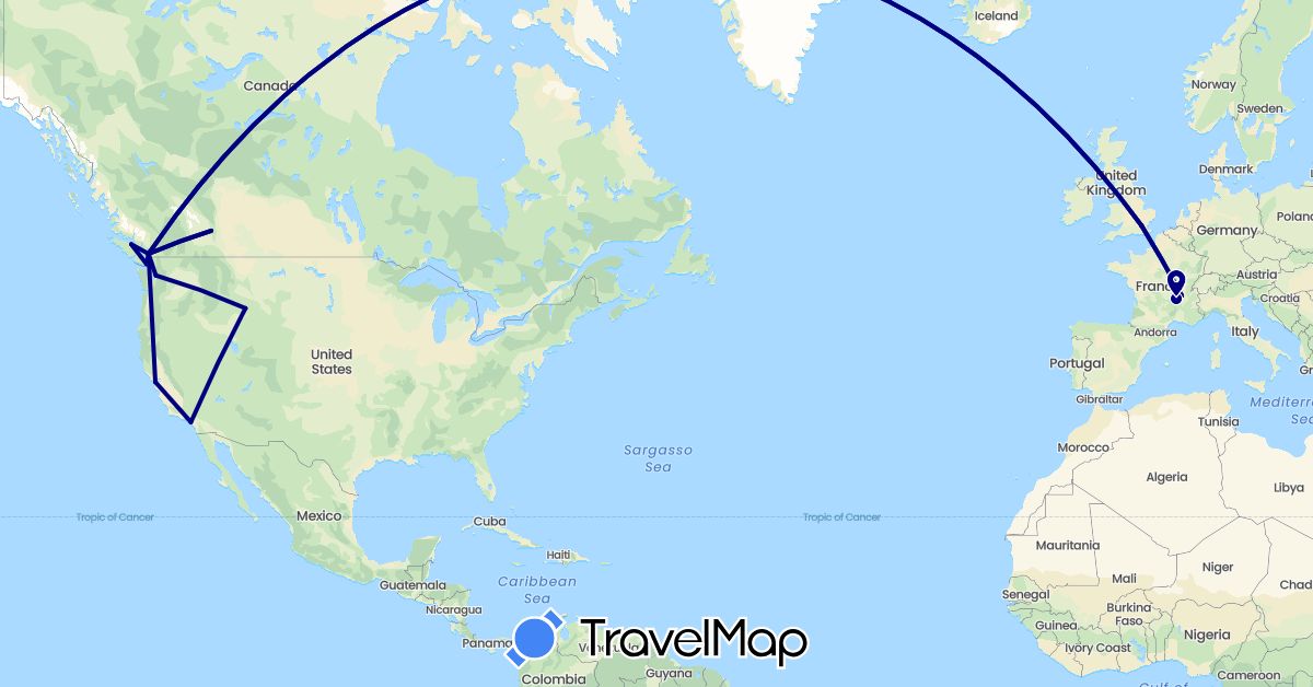 TravelMap itinerary: driving in Canada, France, United Kingdom, United States (Europe, North America)
